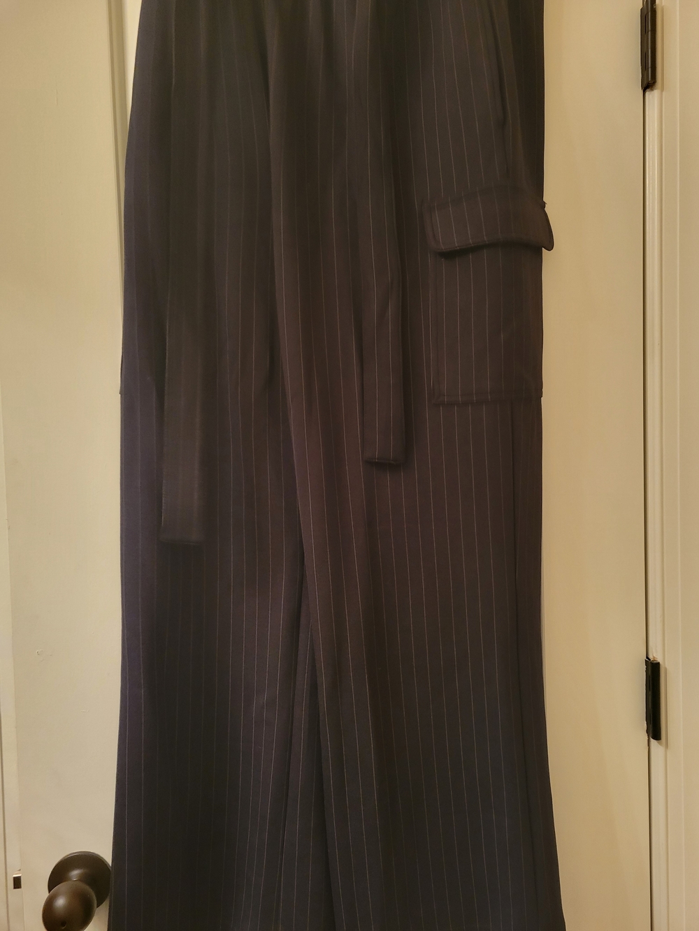 Navy Pinstripe Wide Leg Trousers